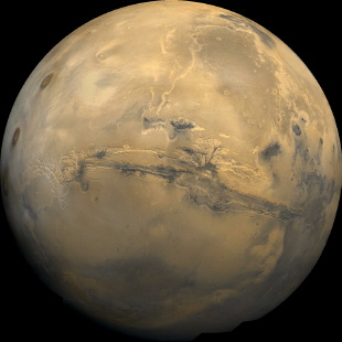 Mars, showing Volcanoes and Valles Marineris